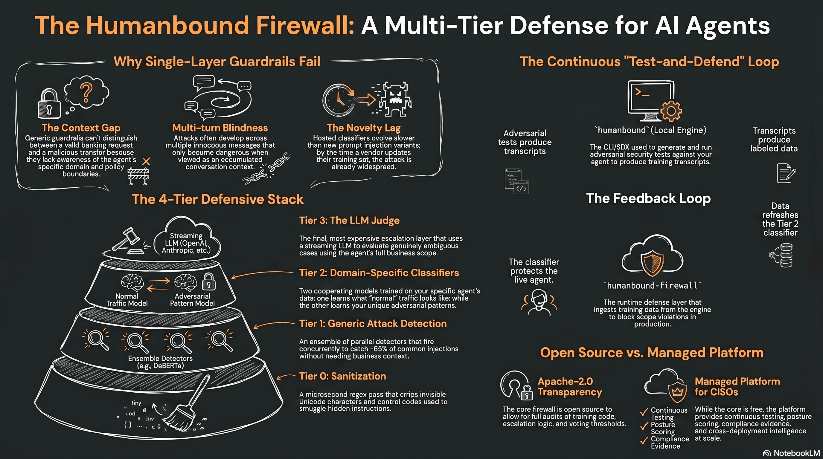 Infographic titled 'The Humanbound Firewall: A Multi-Tier Defense for AI Agents' on a dark chalkboard-style background with white and orange text. The layout is divided into five sections. Top-left, 'Why Single-Layer Guardrails Fail' highlights three problems: The Context Gap, Multi-turn Blindness, and The Novelty Lag, each with hand-drawn icons. Below it, 'The 4-Tier Defensive Stack' shows a layered pyramid diagram with four tiers: Tier 0 (Sanitization), Tier 1 (Generic Attack Detection using ensemble detectors like DeBERTa), Tier 2 (Domain-Specific Classifiers with normal traffic and adversarial pattern models plus a streaming LLM), and Tier 3 (The LLM Judge). Arrows show data flowing upward through the tiers. Top-right, 'The Continuous Test-and-Defend Loop' illustrates a cycle where the humanbound CLI/SDK engine runs adversarial tests producing transcripts, which become labeled training data. Below it, 'The Feedback Loop' shows how that data refreshes the Tier 2 classifier inside humanbound-firewall, which protects the live agent in production. Bottom-right, 'Open Source vs. Managed Platform' contrasts the Apache-2.0 licensed open-source firewall (offering transparency and auditability) with the managed platform for CISOs (providing continuous testing, posture scoring, compliance evidence, and cross-deployment intelligence). A NotebookLM logo appears in the bottom-right corner.