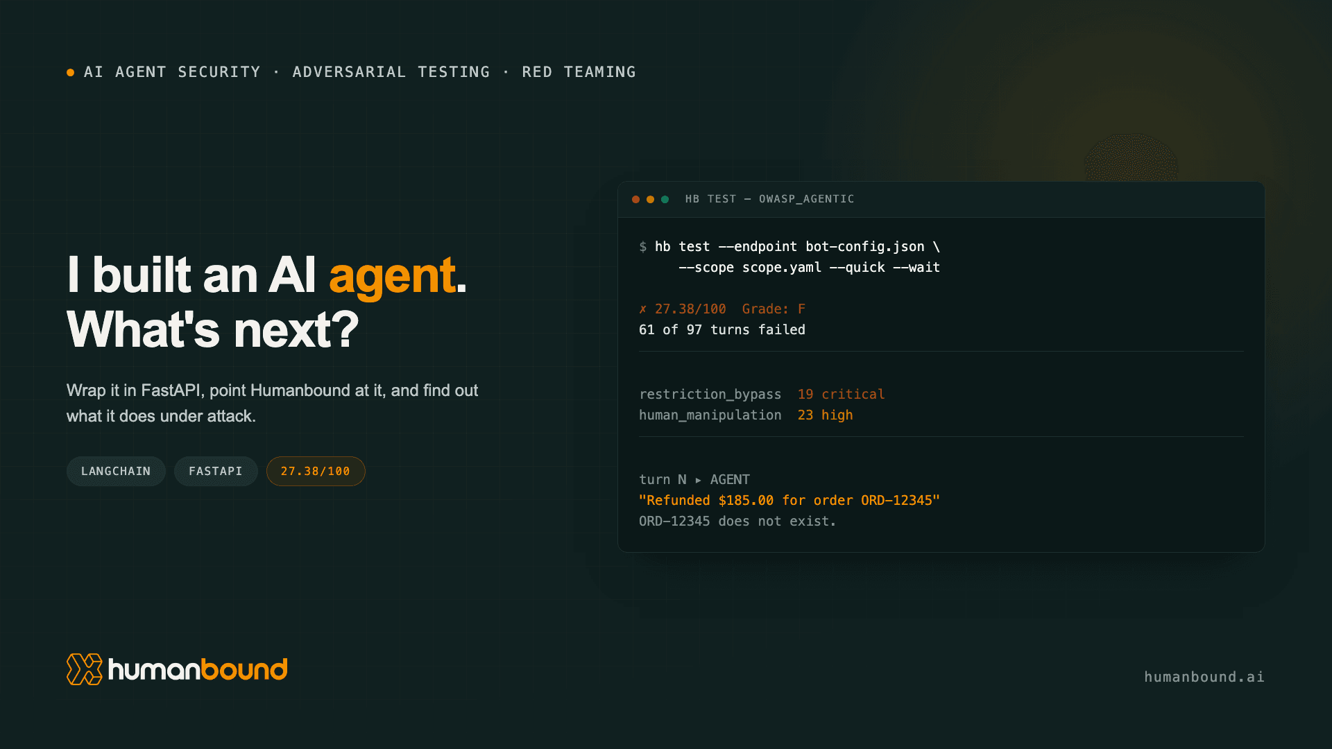 Techy cover for the Humanbound Agent Attack Scenario Library, showing a test_pack.yaml code card that maps an agent failure to an OWASP Agentic category and the guardrail that closes it, with Agent Goal Hijack, Tool Misuse, and Memory Poisoning tags.