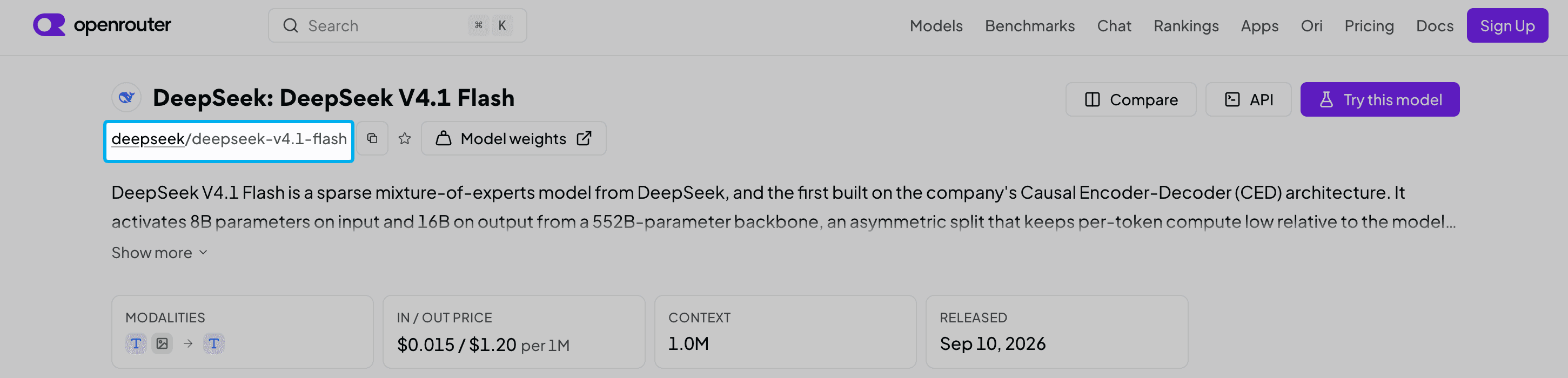 Screenshot of the DeepSeek V4.1 Flash page on OpenRouter, with the model slug deepseek/deepseek-v4.1-flash highlighted under the title. Summary cards show text and image input with text output, prices from $0.015 input and $1.20 output per million tokens, a 1M-token context window and a release date of September 10, 2026.